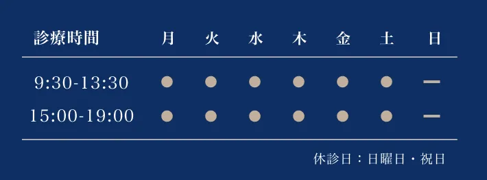 診療時間　月曜日から土曜日の9:30-13:30/15:00-19:00 休診日：日曜日・祝日